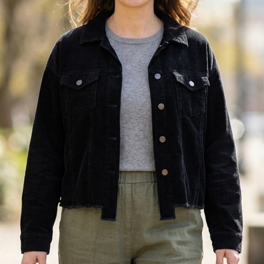 EE:SOME | Black Corduroy Cropped Trucker Jacket Raw Hem Oversized | Large